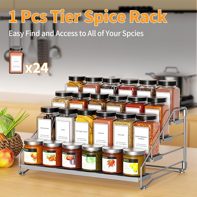 BOIVSHI Spice Rack, Depth Adjustable Spice Organizer for Cabinet, Gray | 4 Tier Spice Rack Organizer for Countertop, Metal Space-saving for Pantry, Seasoning Organizer No-screw Assembly, 1 Pack - Image 5
