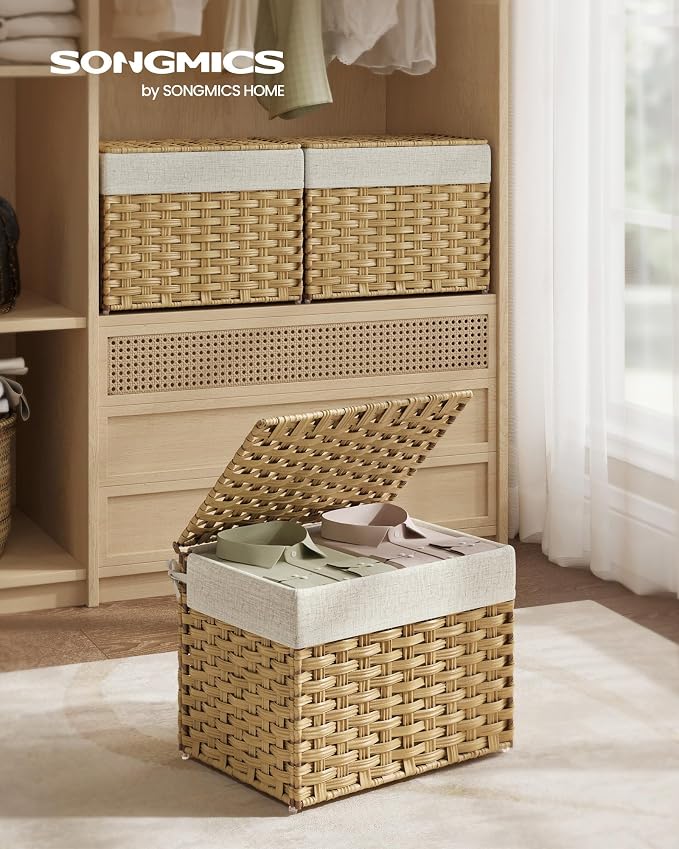 SONGMICS Storage Basket with Lid, Woven Blanket Storage Bin with Handles, Foldable, Removable Liner, Metal Frame, for Bedroom, Laundry Room, 9.2 Gallons (35 L), Natural URST040YE01 - Image 2