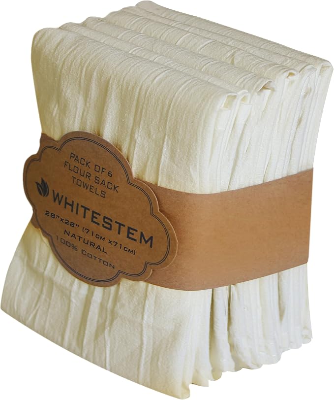 Flour Sack Towels | Tea Towel for Crafts | Kitchen | Dish | Cotton Blank Towel for Embroidery | Baking Bread Proofing Linen Cover | Thick Absorbent Quick Dry | 6 Pack 28"x28" Natural by WHITESTEM
