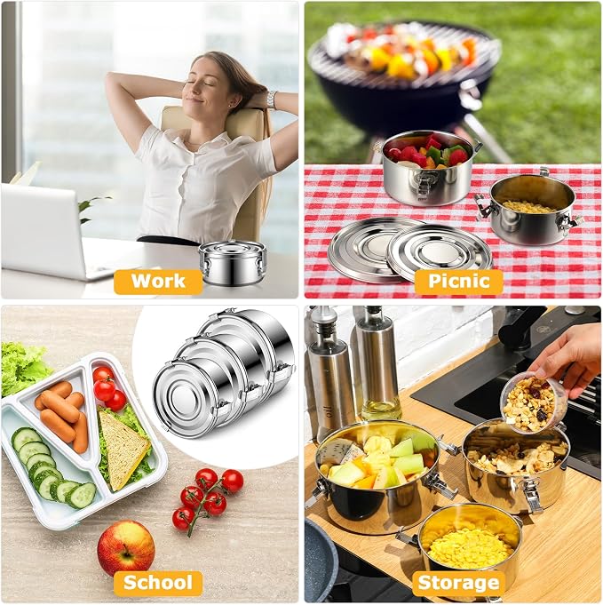 Zopeal 6- Piece Stainless Steel Food Storage Containers with Lids Leakproof Metal Lunch Boxes Stackable Reusable Canisters for Camping Trips Picnic Snacks Salad Soups, 3 Sizes(54oz, 74oz, 101oz) - Image 7