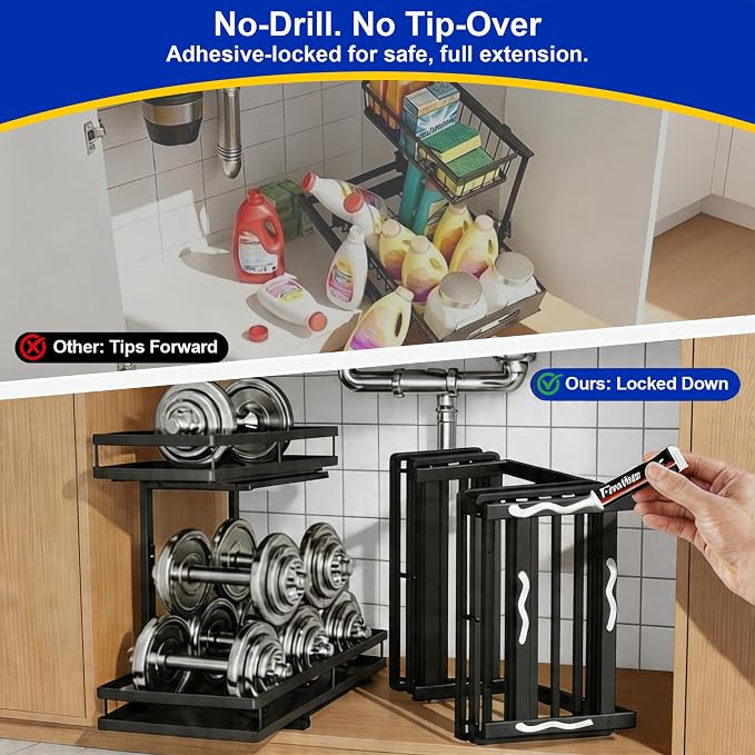 2-Tier Metal Pull-Out Under Sink Organizer, Black, 1 Pack | Carbon steel, ball-bearing pull-out, 6-level adjustable, no-drill setup, for under-sink pipes and bottles - Image 9