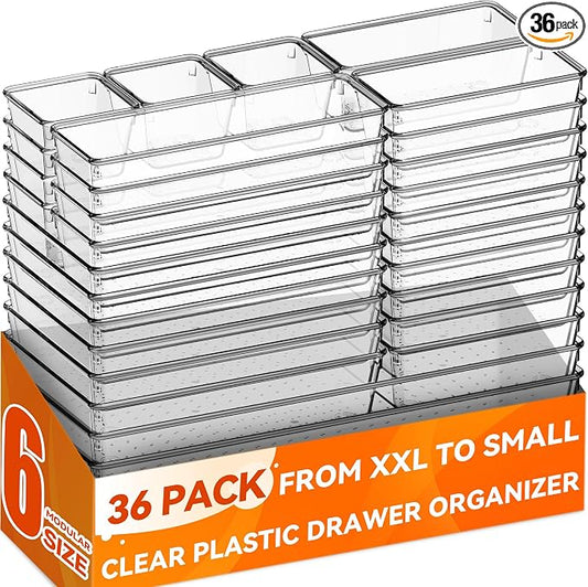 36 Pack Large Clear Plastic Drawer Organizer Bins - 6 Size Acrylic Kitchen Drawer Organization and Storage for Utensils Gadgets, Office Bathroom and Vanity Organizer for Makeup Accessoires by Criusia