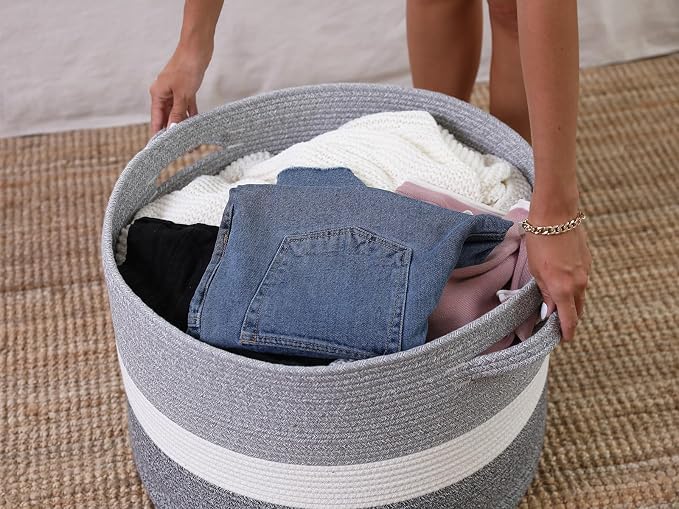 20x15 Inch Extra Large Round Cotton Rope Storage Basket with Lid, Decorative Woven Bin with Cover for Living Room Bedroom Closet, Dual Grey - Image 7