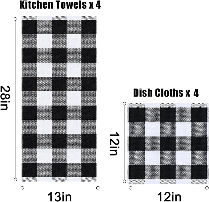 Homaxy Kitchen Towels and Dishcloths Set, Set of 10, White & Black | Bulk Cotton Waffle Weave Check Plaid Kitchen Towels, Super Soft and Absorbent Dish Cloths, 12 x 12 and 13 x 28 Inches - Image 3
