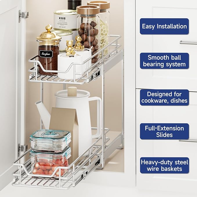 2-Tier Pull Out Cabinet Organizer, 5.5" W x 21.5" D, Heavy Duty Dual Slide Out Shelves for Narrow Base Cabinets, Chrome Wire Basket Drawer for Spices, Bottles & Snacks - Image 4