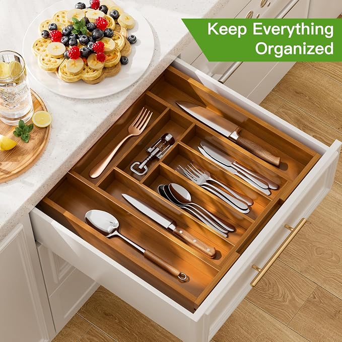 Pipishell Bamboo Expandable Drawer Organizer for Utensils Holder, Adjustable Silverware Organizer Cutlery Tray, Drawer Dividers for Utensils, Flatware, Knives in Kitchen, Bedroom, Living Room(M-Brown) - Image 3