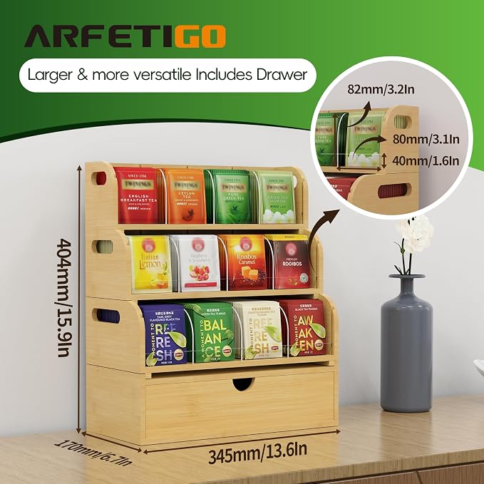 Bamboo Tea Bag Organizer for Coffee Bar, 4 Tier Modular Tea Organizer with Drawer, Large Capacity Tea Storage Box, Stackable Tea Station Organizer, No Assembly, Kitchen Counter - Image 2