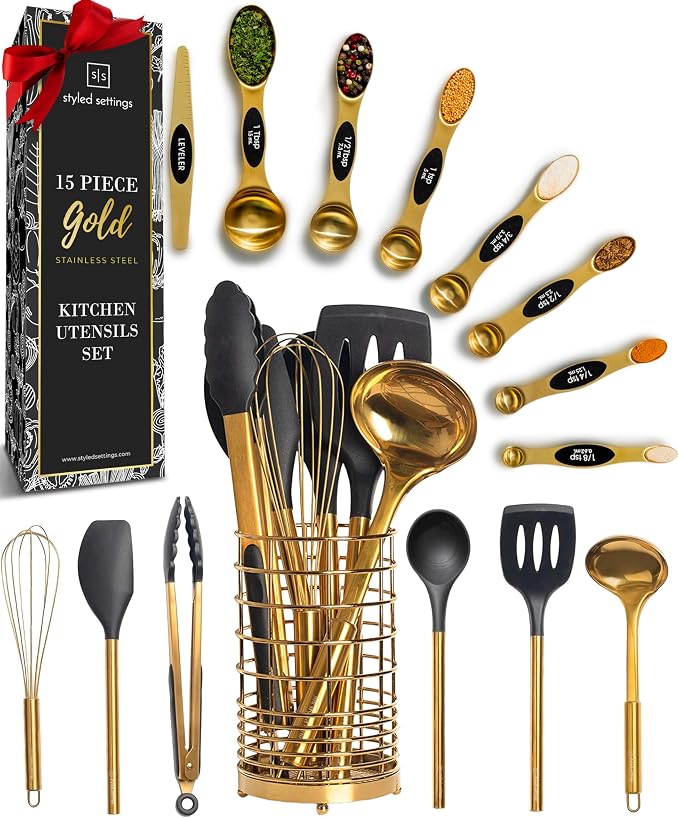 Styled Settings Black and Gold Kitchen Utensils Set, 15-Piece | Nonstick BPA-Free Silicone Coooking Utensils, Gold Utensil Holder, & Magnetic Measuring Spoons - Stylish Kitchen Accessories by STYLEDSETTINGS