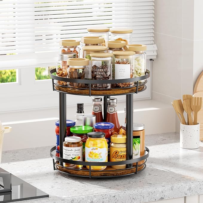 LAMU 12'' Wood Lazy Susan Spice Rack Organizer, 2 Tier Spice Organization for Cabinet, Countertop, Kitchen, Table Top, Pantry, Condiment and Seasoning Rack Organizer - Image 3