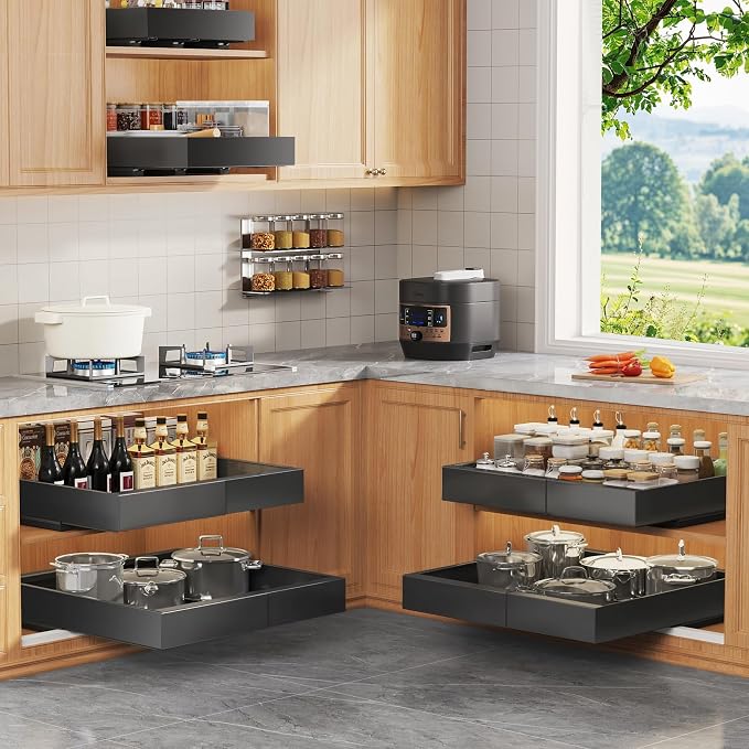 Seinloes 4 Pack Expandable Pull Out Cabinet Organizer 21"Deep With Raising Pad for Framed Cabinets,Upgrade 3 Slide Rails Slide Out Drawers,No Drill Roll Out Shelves,Adjustable Width 12.1"-20.4" Black - Image 7