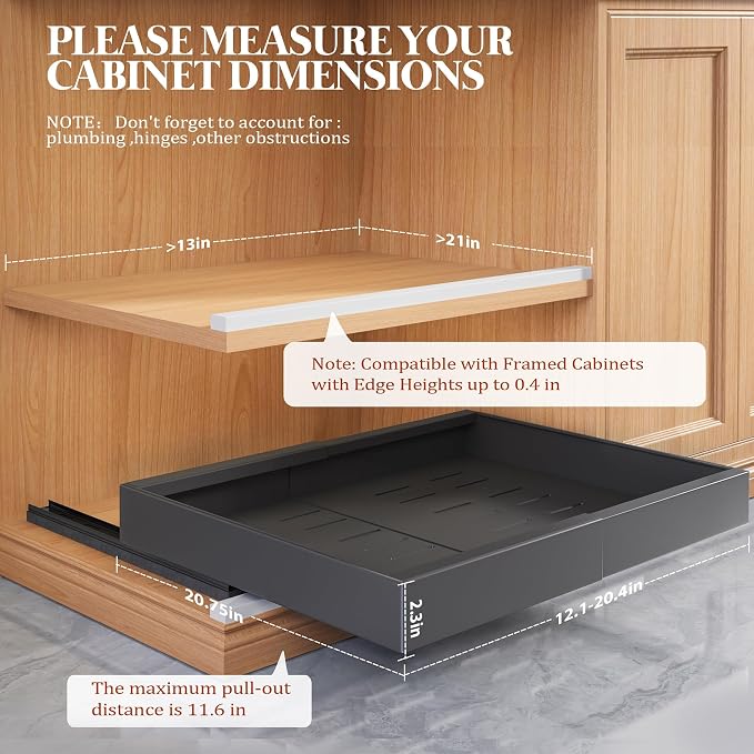 Seinloes 4 Pack Expandable Pull Out Cabinet Organizer 21"Deep With Raising Pad for Framed Cabinets,Upgrade 3 Slide Rails Slide Out Drawers,No Drill Roll Out Shelves,Adjustable Width 12.1"-20.4" Black - Image 3