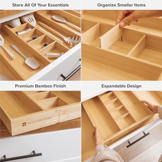 Silverware & Utensil Organizer Bundle, 18-33in & 16-28in | Includes two organizers, expandable 18-33 in; 16-28 in, food-safe bamboo, fits most drawers - Image 7
