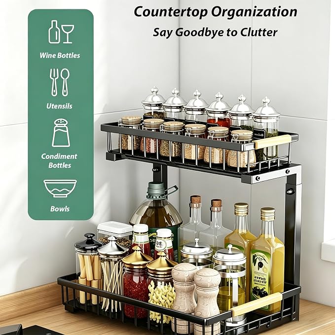 2 Pack Under Sink Organizer, 2-Tier Pull Out Kitchen Cabinet Organizer, Height Adjustable Metal Slide Out Bathroom Organizers and Storage Makeup Drawer Organizer for Office Bedroom (B-Black, 2Pack) - Image 5