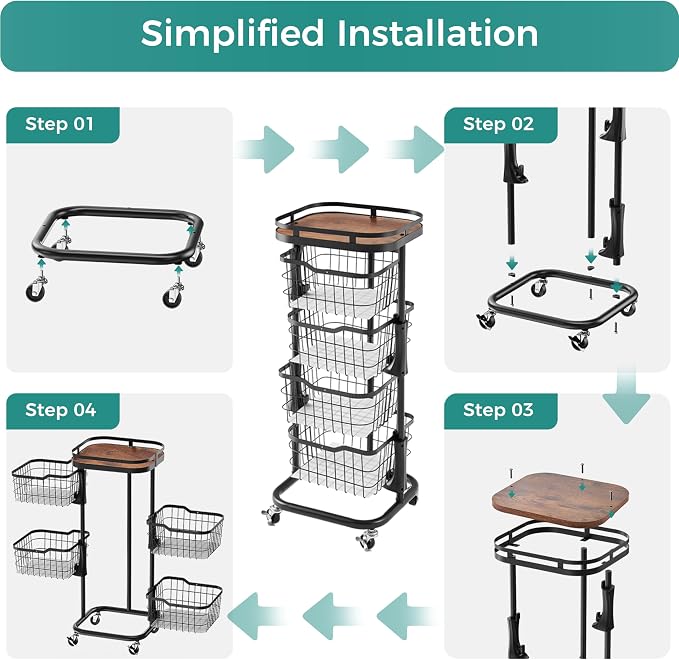 4 Tier Rotating Kitchen Storage Cart, Fruit Vegetable Potato Rack Stand | Patented Swivel Part Spin Smoothly Even Full. Rustproof. One-Piece Wire Bin Prevent Sagging. Keep Onion, Veggie, Spices Fresh - Image 9