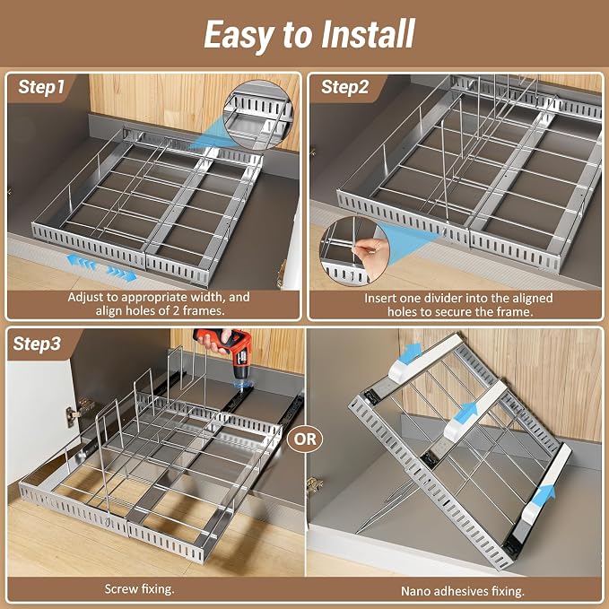 Housolution Pull Out Baking Tray and Cookie Sheet Cutting Board Organizer | 13"-22" Expandable, 21.5" Deep, 8 Adjustable Dividers, Slide Rail Design, Stainless Steel Structure, Adhesive/Screw Fixing - Image 7
