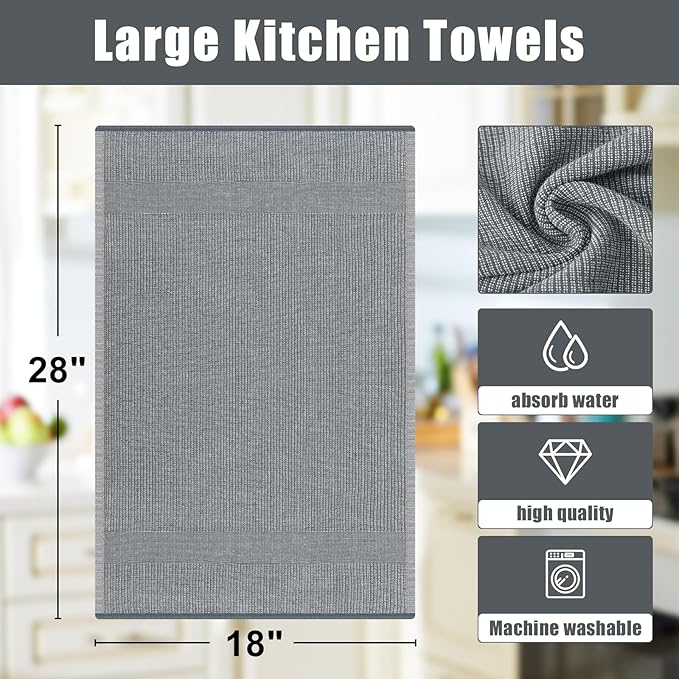 Homaxy 380 GSM Cotton Premium Kitchen Towels 12 Pack, 18"x 28", Grey | Flat and Terry Dish Towels, Highly Absorbent Tea Towel Set with Hanging Loop, Soft Utility Kitchen Hand Towels - Image 8
