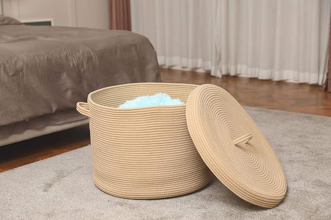 20x15 Inch Extra Large Round Cotton Rope Storage Basket with Lid, Decorative Woven Bin with Cover for Living Room Bedroom Closet, Beige - Image 3