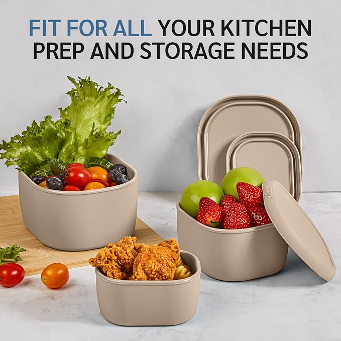 ISSEVE 12Pcs/Set Nesting Silicone Food Storage Containers with Lids | BPA-free, Reusable, Meal Prep Containers, Small Freezer Portions, Dishwasher Cleaning, Nested Cabinet Storage, 5 Sizes, Beige - Image 5