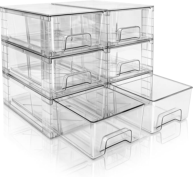 Small Stackable Clear Acrylic Storage Drawers(6 Pack) with Handles,Plastic Organizer Bins for Fridge Bathroom Kitchen Cabinet Pantry Coffee bar Undersink Office Closet Storage Bins by XWYWX