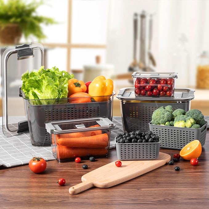 LUXEAR 4 Pack Fruit Containers for Fridge, Vegetable Storage Container with Lids &Removable Colander Produce Saver Organizer for Refrigerator Keep Fruit, Veggie, Berry, Meat Fresh Longer-Grey - Image 5