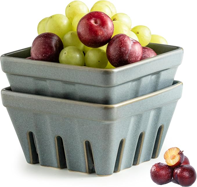 Gomakren Fruit Basket for Kitchen, Berry Washing Bowl, Ceramic Berry Basket Set of 2, Fruit Bowl with Holes, 5.7 Inch Square Berry Containers for Fridge, Table, Modern Kitchen Decor, Slate Blue by Gomakren