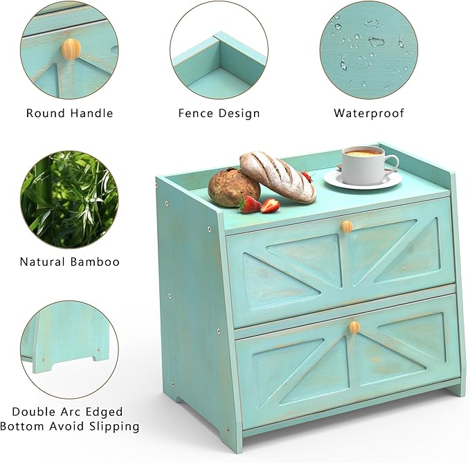 Trironsun Vintage Double Layer Bread Box for Kitchen Counter Bamboo Bread Storage Container Large Capacity Bread Storage Bin (Antique Blue) - Image 4