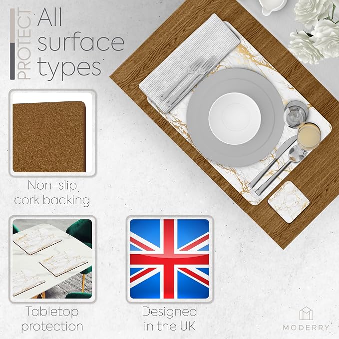 Set of 4 Heat Resistant Cork Placemats for Dining Table with Free Set of 4 Matching Drink Coasters Marble Design 16 x 12 Inches Cork Backed Hard Placemats (Foiled Gold) - Image 5
