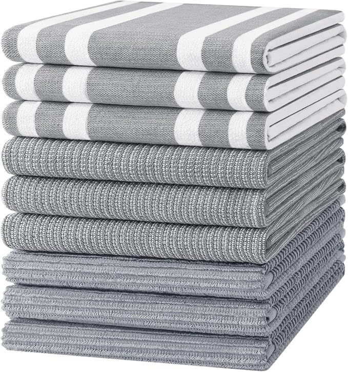 Homaxy Cotton 380 GSM Premium Kitchen Towels, 18"x 28", 9 Pack, Grey | Soft and Absorbent Terry Dish Towels, Multipurpose Tea Towel Set with Hanging Loop, 3 Styles Kitchen Hand Towels by Homaxy
