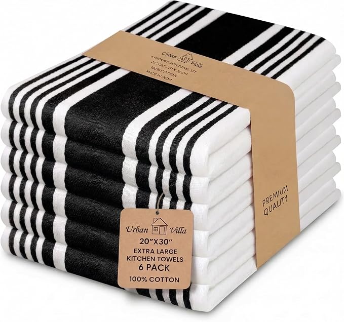 Urban Villa Kitchen Towels Cotton Dish Towels 20”x30” (Set of 6) Black by CottonTrends