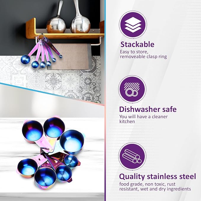 Kich 14 Piece Iridescent Rainbow Stainless Steel Measuring Cups and Spoons Set Magnetic Metal Kitchen Conversion Chart Included Large Small and Mini Scoop Cute Colorful Design - Image 3