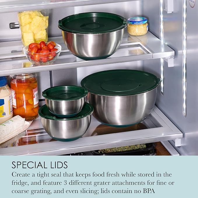 Chicago Metallic 13-Piece Stainless Steel Mixing Bowl Set with Airtight Lids and Grater Attachments, Etched Measurements, Nonslip Base, Dishwasher Safe, Nesting Bowls for Kitchen Baking Cooking - Image 4