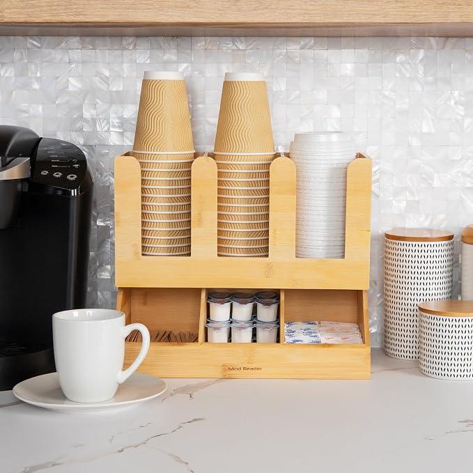 Mind Reader Cup and Condiment Station, Countertop Organizer, Coffee Bar, Kitchen, Bamboo, 13.625"L x 6.75"W x 11.5"H, Brown - Image 4