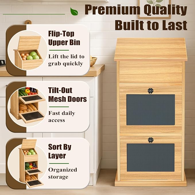 Potato and Onion Storage Bin with Lid, 3-Tier Vegetable Storage, Wooden Rustic Bread Box Cabinet for Fruit and Vegetable, Food Storage Containers Cabinet for Kitchen Pantry (Oak) - Image 5