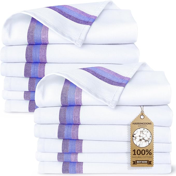 100% Cotton Kitchen Towels, Highly Absorbent Dish Towels for Kitchen with Hanging Loop, Large 20"x28" Washable Towels, Blue Shades, 12 Pack by Harringdons