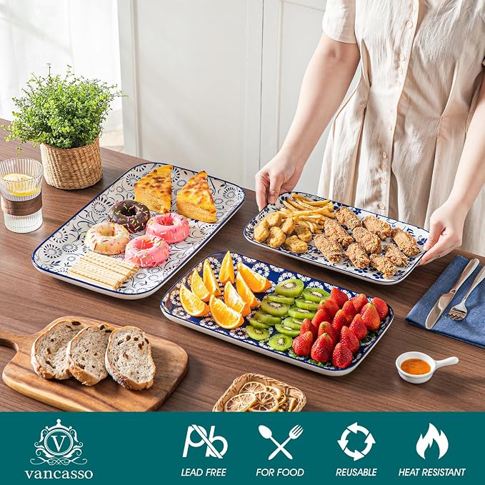 vancasso Serving Platters Set of 3, 16"/14"/12" Inch Rectangular Trays + Ceramic Mixing Bowls with Lids Set of 4,Ceramic Serving Bowls,Nesting Bowls for Food Storage - Image 8