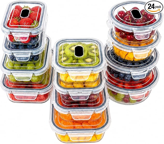 24-Piece Reusable Glass Meal Prep Containers, Meal Prep Glass Containers with Airtight Lids, Leakproof Glass Food Storage Containers, Glass Containers with Lids, Oven Freezer Safe, Black Lids by DASAAN