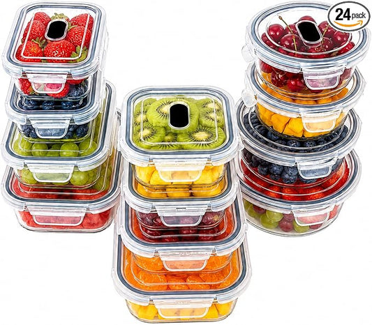 24-Piece Reusable Glass Meal Prep Containers, Meal Prep Glass Containers with Airtight Lids, Leakproof Glass Food Storage Containers, Glass Containers with Lids, Oven Freezer Safe, Black Lids by DASAAN