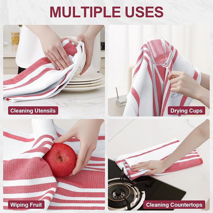 Homaxy Premium Cotton Stripe Kitchen Towels 6 Pack, 18"x 28", Red | Large 380 GSM Kitchen Hand Towels, Soft Terry Dish Towels, Highly Absorbent Tea Towel Set with Hanging Loop - Image 4