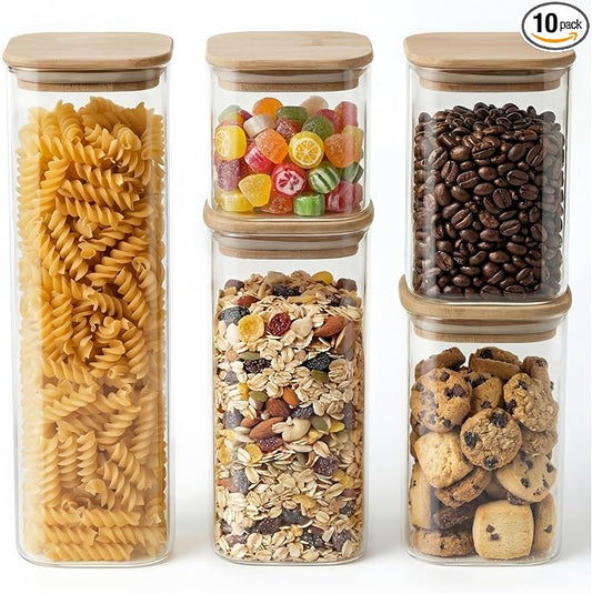 Square Glass Pasta Storage Containers, Set of 5, Pantry Organization & Storage Jars with Bamboo Lids, Stackable Borosilicate Kitchen Canisters for spaghetti, Sugar, Coffee, and Cereal by GENICOOK