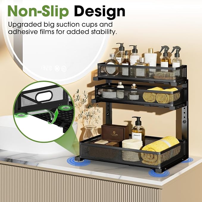 Under Sink Organizer 3 Tier, 2 Pack L-Shaped Pull-Out Cabinet Organizer with Sliding Metal Mesh Drawers, Height Adjustable Under Sink Storage Rack for Kitchen Bathroom Cabinet, Black - Image 7