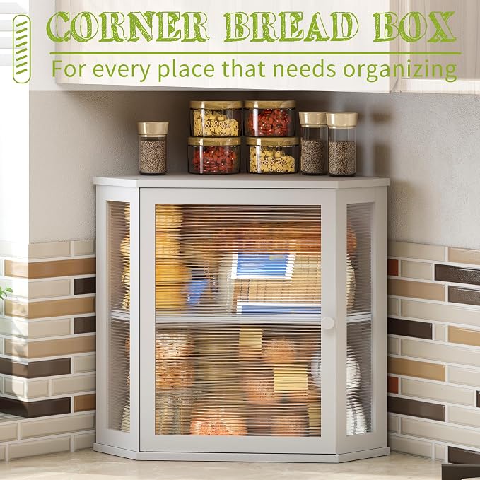 BMOSU Corner Bread Box for Kitchen Countertop Double Layer Bamboo Wooden Bread box Large Capacity Bread Storage Bin(White, Extra Large) - Image 3