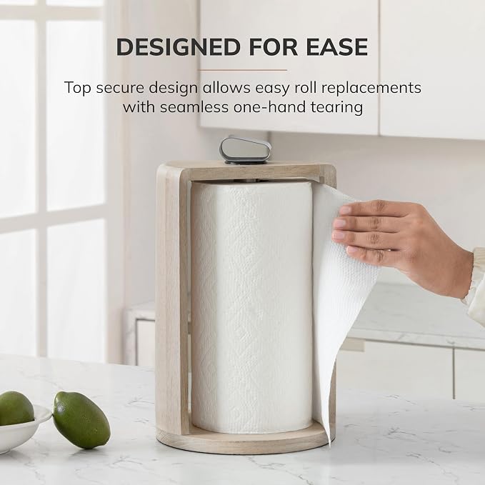 Anji Mountain Wooden Paper Towel Holder with Metal Holder, Holder Stand for Kitchen Roll Organizer & Kitchen Dining Table Home Décor, Countertop Fits Jumbo & Mega Rolls - Whitewash/Nickel, Top Load - Image 5