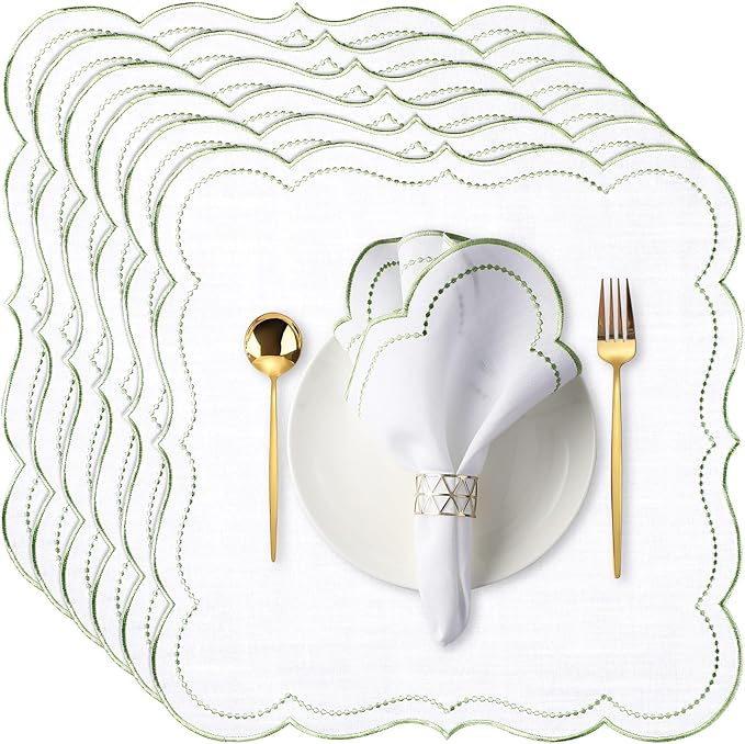 Hahafelt 6 Set Cloth Napkins 18x18inches Scalloped Embroidery Cloth Napkins Washable Polyester Table Dinner for Hotel Restaurant Weddings Events Parties (Sage Green) by Hahafelt