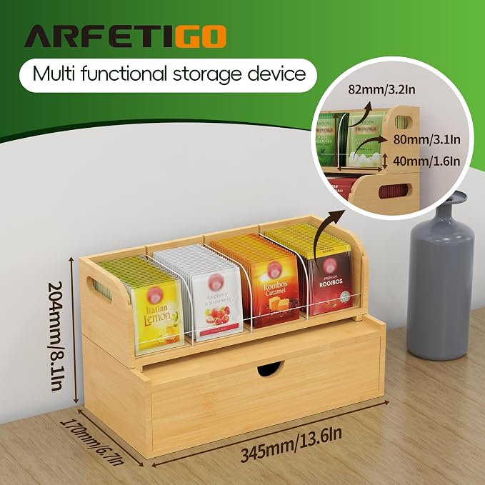 Bamboo Tea Organizer – Stackable Collection (1Tier w/Drawer） - Image 2