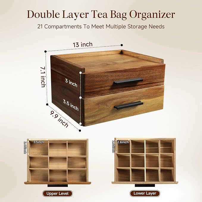 Acacia Wood Tea Bag Organizer - Double-Drawer Tea Box(21-Compartment) | With Gift Box, Countertop Tea Station Caddy for Home Office & Cabinet - Image 2
