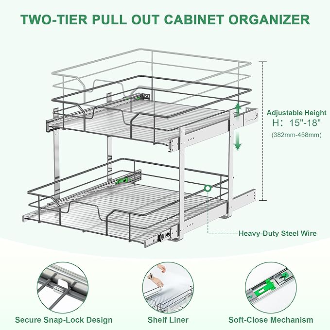 2-Tier Pull Out Cabinet Organizer (23" W x 22" D) | Soft Close Cabinet Slide Out Shelves, Heavy Duty Slide Out Drawers with Shelf Liner for Kitchen Cabinets, Pantry, Bathroom - Image 5