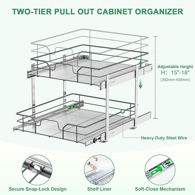 2-Tier Pull Out Cabinet Organizer (17" W x 22" D) | Soft Close Cabinet Slide Out Shelves, Heavy Duty Slide Out Drawers with Shelf Liner for Kitchen Cabinets, Pantry, Bathroom - Image 5