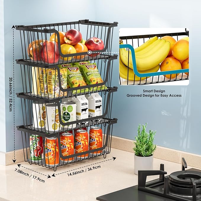4 Pcs Stackable Wire Baskets Pantry Organizers and Storage Bins,Black | Breathable Metal Design with Rotating Handle,Idea for Potato Onion Fruit Snack Veggie Kitchen Countertop Freezer Organization - Image 5