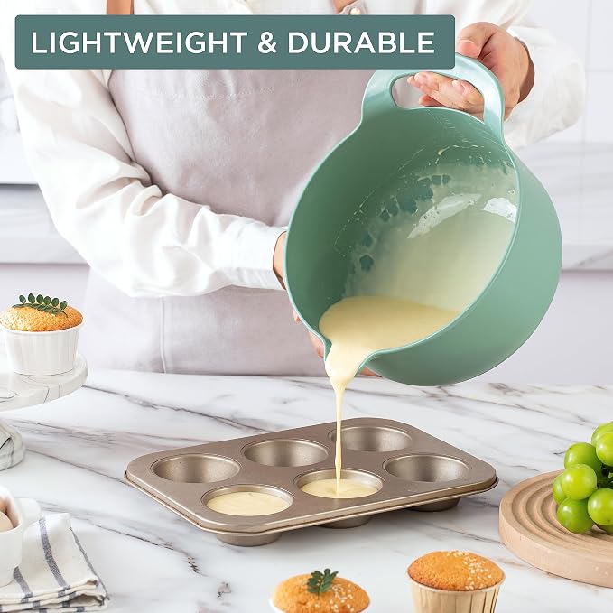 COOK WITH COLOR Nesting Plastic Mixing Bowl Set with Pour Spouts and Handles, Sage, 4 Piece Non-Slip - Image 3
