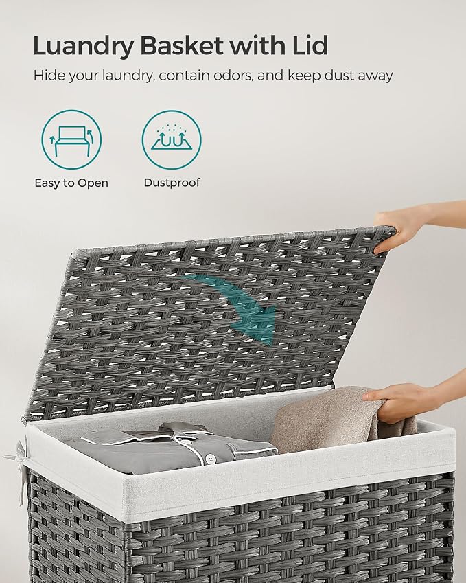 SONGMICS Storage Basket with Lid, Woven Blanket Storage Bin with Handles, Foldable, Removable Liner, Metal Frame, for Bedroom, Laundry Room, 27.7 Gallons (105 L), Gray URST066G01 - Image 5